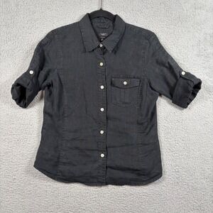 Talbots Petites Pure Irish Linen Button Up Shirt Size S Roll Tab Sleeves Black